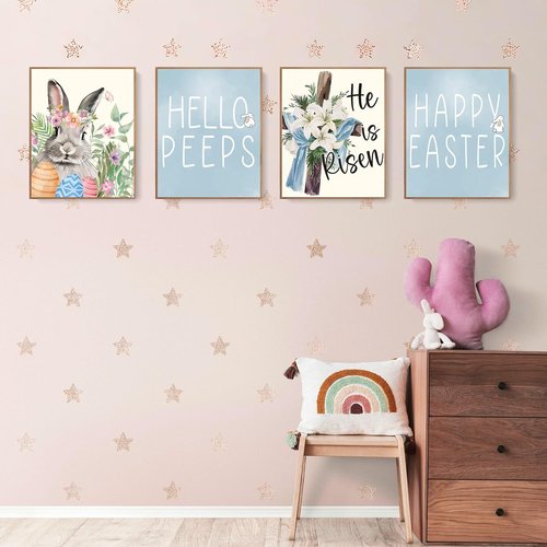 LARTSFRO Easter Decor - Bunny Wall Art Prints | Happy Easter Posters for Living Room & Bedroom | Set of 4 Unframed 10x8 Inch