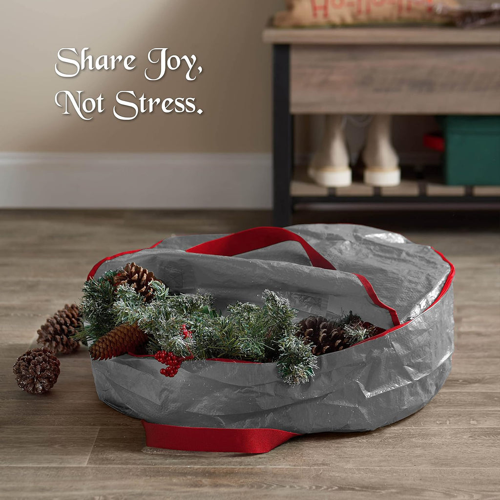 ZOBER Christmas Wreath Storage Container | 30-Inch Durable Bag with Dual Zippers & Strong Handles - Gray