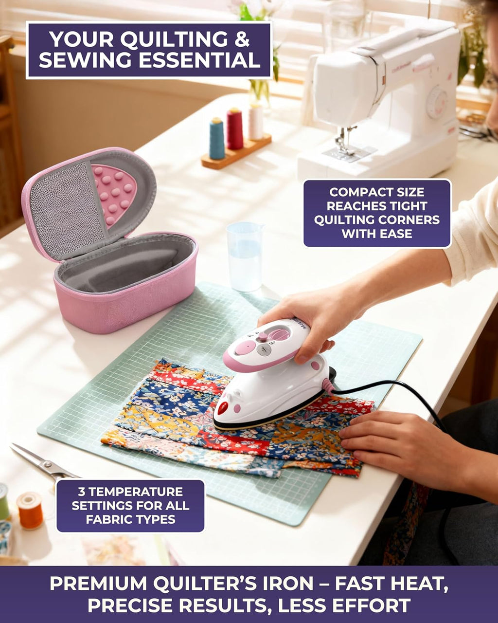 Quilted Bear Mini Steam Iron - Lightweight Travel Iron for Effortless Quilting & Wrinkle-Free Clothes | Pink