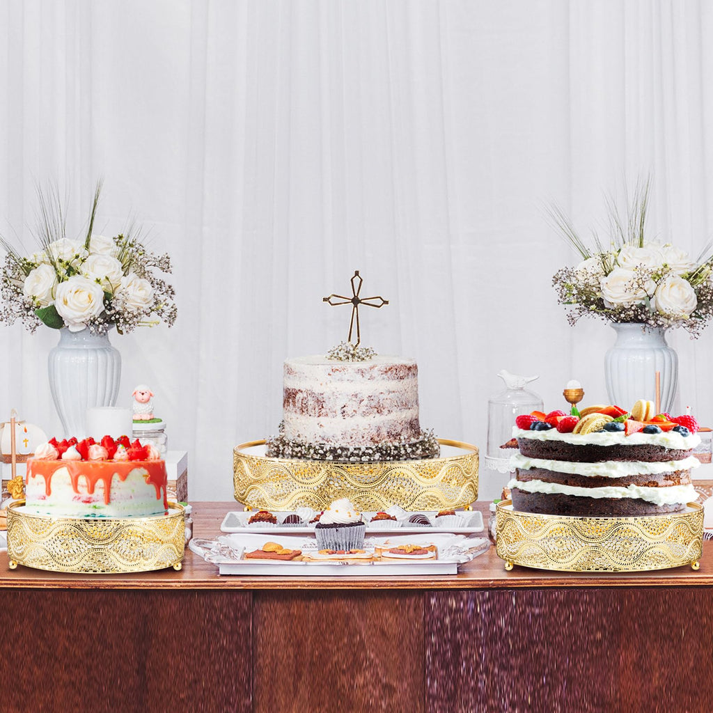 Skylety Set of 3 Round Wedding Cake Stand 10'' 12'' 14'' Metal Dessert Display Stand with Glossy Mirror Dessert Cupcake Cookies Holder for Wedding, Event, Birthday Party(Gold)