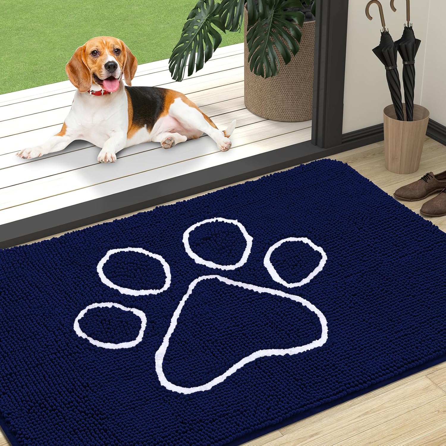 OLANLY Dog Door Mat - Absorbent Non-Slip Mud Mat for Paws | Quick Dry Chenille, 47x32, Navy Blue