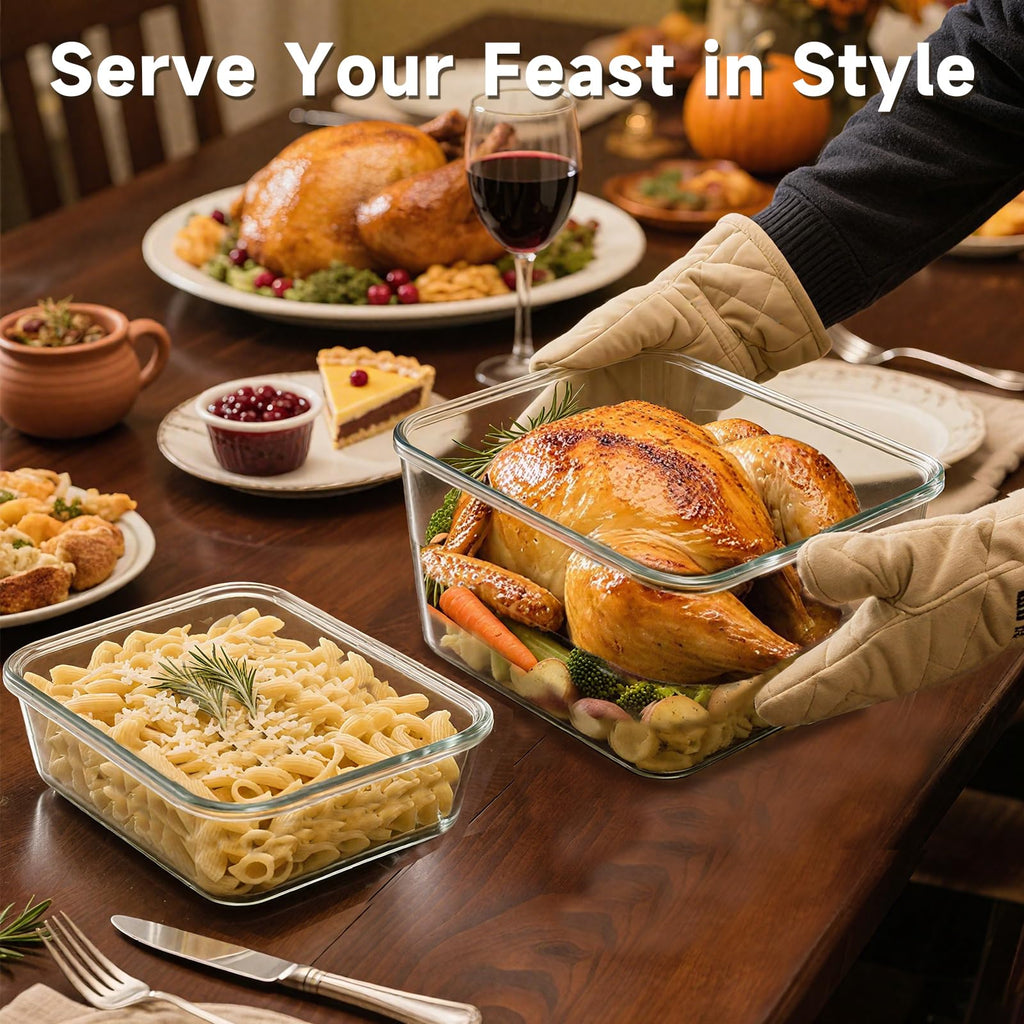 KOMUEE 2 Pack 220oz+76.4oz Extra Large Glass Food Storage Containers Set with Airtight Lids, Big Glass Meal Prep Containers, Ideal for Storing Rotisserie Chicken, Lasagna,Salads, Leak-proof & BPA-Free