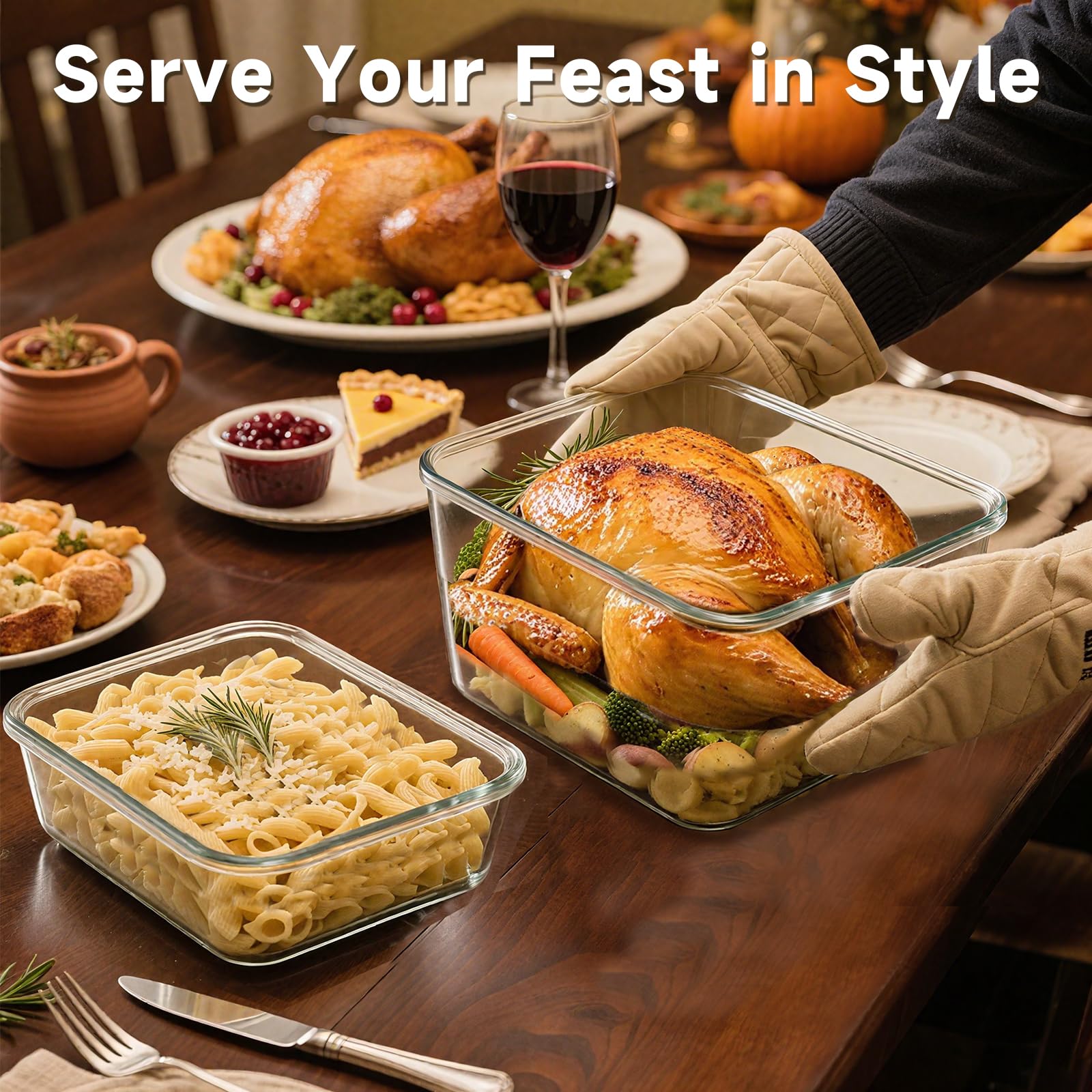 KOMUEE 2 Pack 220oz+76.4oz Extra Large Glass Food Storage Containers Set with Airtight Lids, Big Glass Meal Prep Containers, Ideal for Storing Rotisserie Chicken, Lasagna,Salads, Leak-proof & BPA-Free