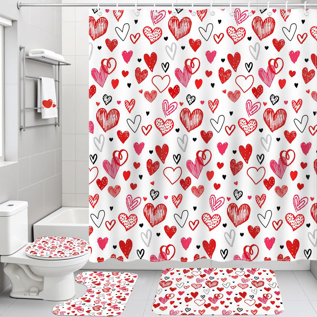 Mocsicka Valentines Shower Curtain Set for Bathroom, 4Pcs Doodle Style Red Heart Valentine Bathroom Sets with Non Slip Rugs, Toilet Lid Cover, Bath Mat, Shower Curtain, Bathroom Decor with 12 Hooks