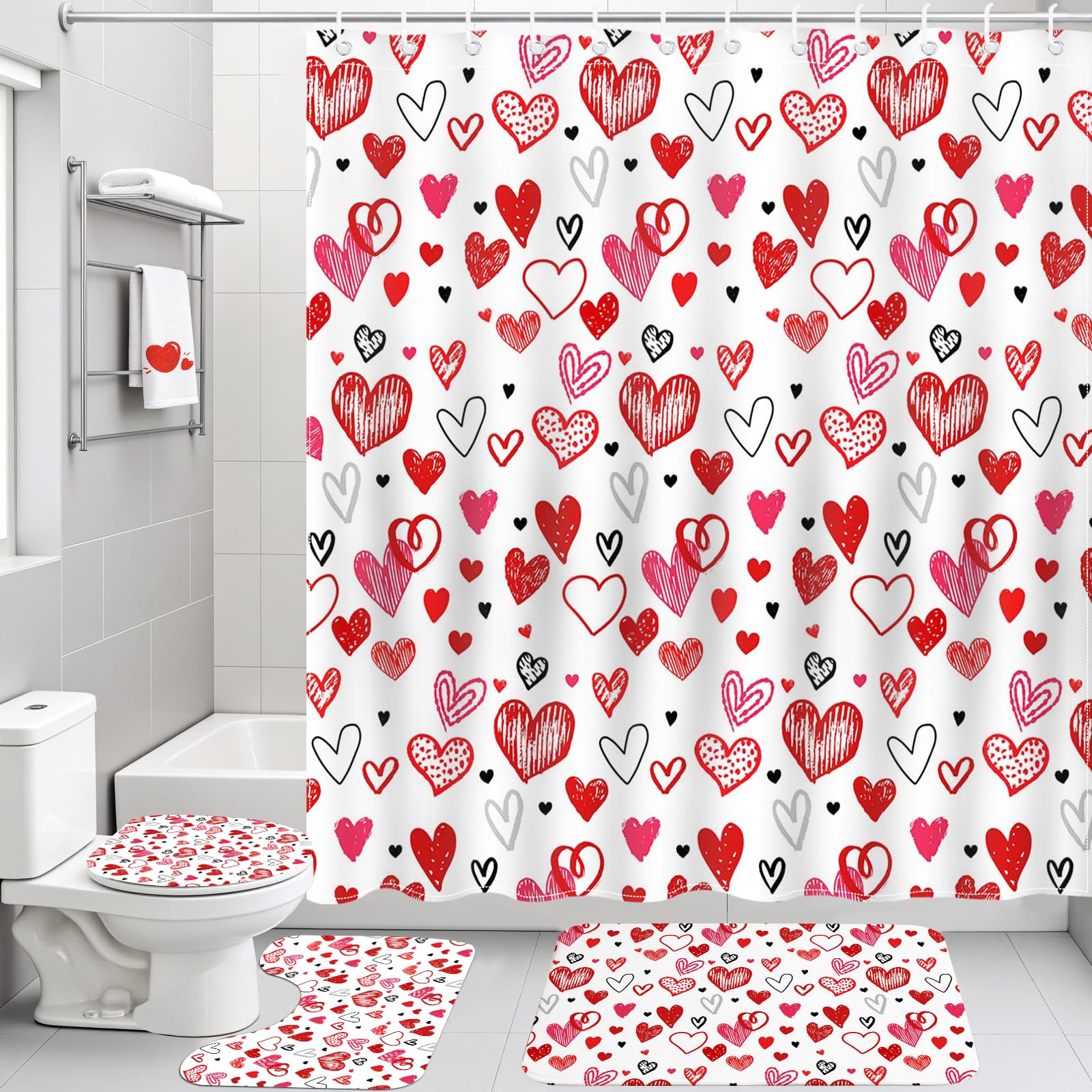 Mocsicka Valentines Shower Curtain Set for Bathroom, 4Pcs Doodle Style Red Heart Valentine Bathroom Sets with Non Slip Rugs, Toilet Lid Cover, Bath Mat, Shower Curtain, Bathroom Decor with 12 Hooks