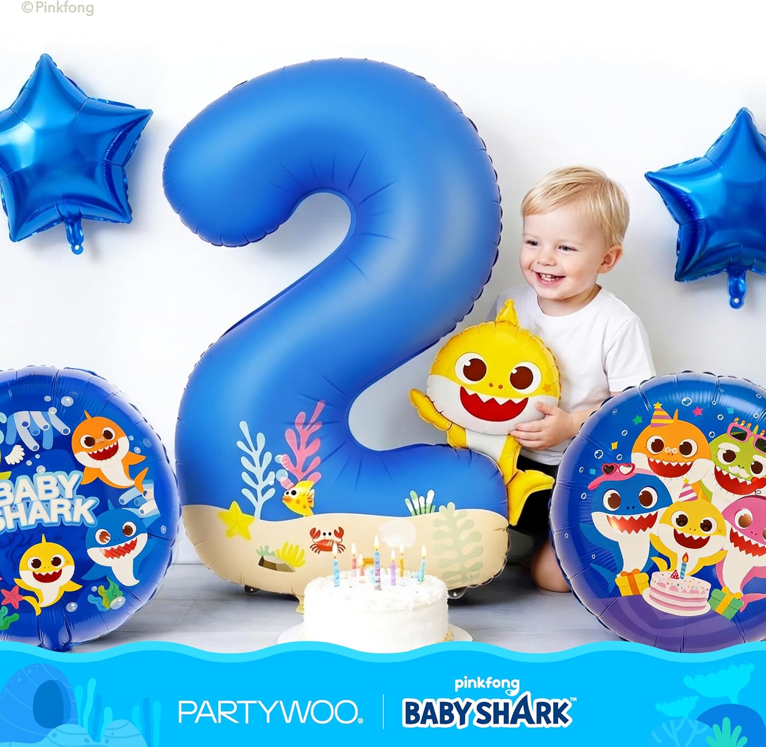 PartyWoo Baby Shark Blue Foil Number 2 Balloon - 5pcs 18-Inch Round Mylar Helium Balloons for Kids' Birthday Party Decorations