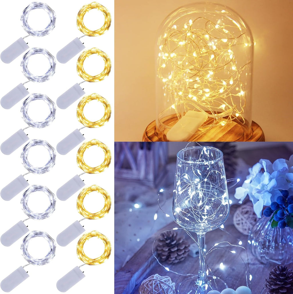 WATERGLIDE 12 Pack Fairy Lights - Battery Operated 20 LED Mini String Lights | Waterproof Silver Wire for Wedding & Party Decor