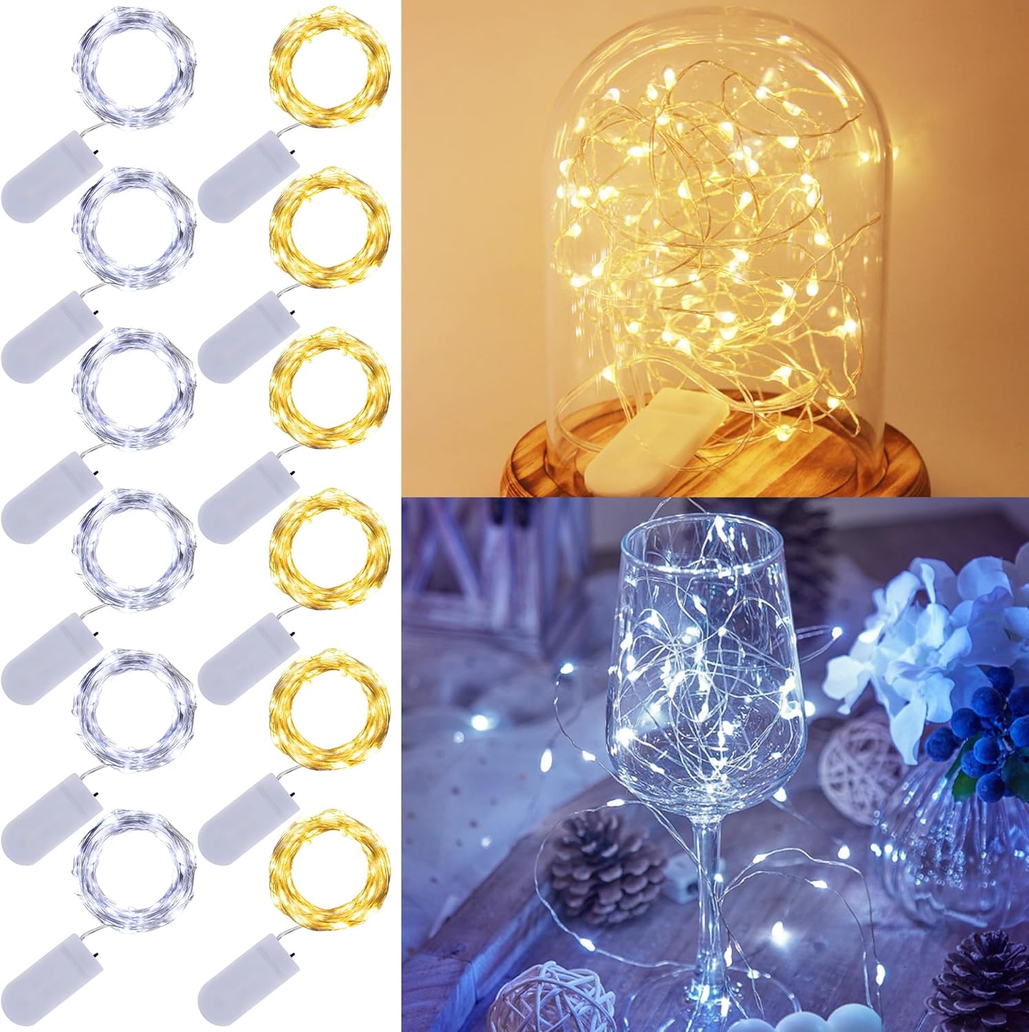 WATERGLIDE 12 Pack Fairy Lights - Battery Operated 20 LED Mini String Lights | Waterproof Silver Wire for Wedding & Party Decor