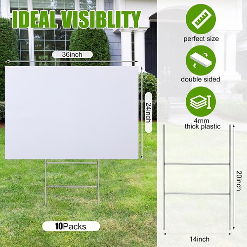 Leinuosen 10 Sets Blank Corrugated Plastic Yard Signs - 24 x 36 Inch White H Stakes for Events & Sales
