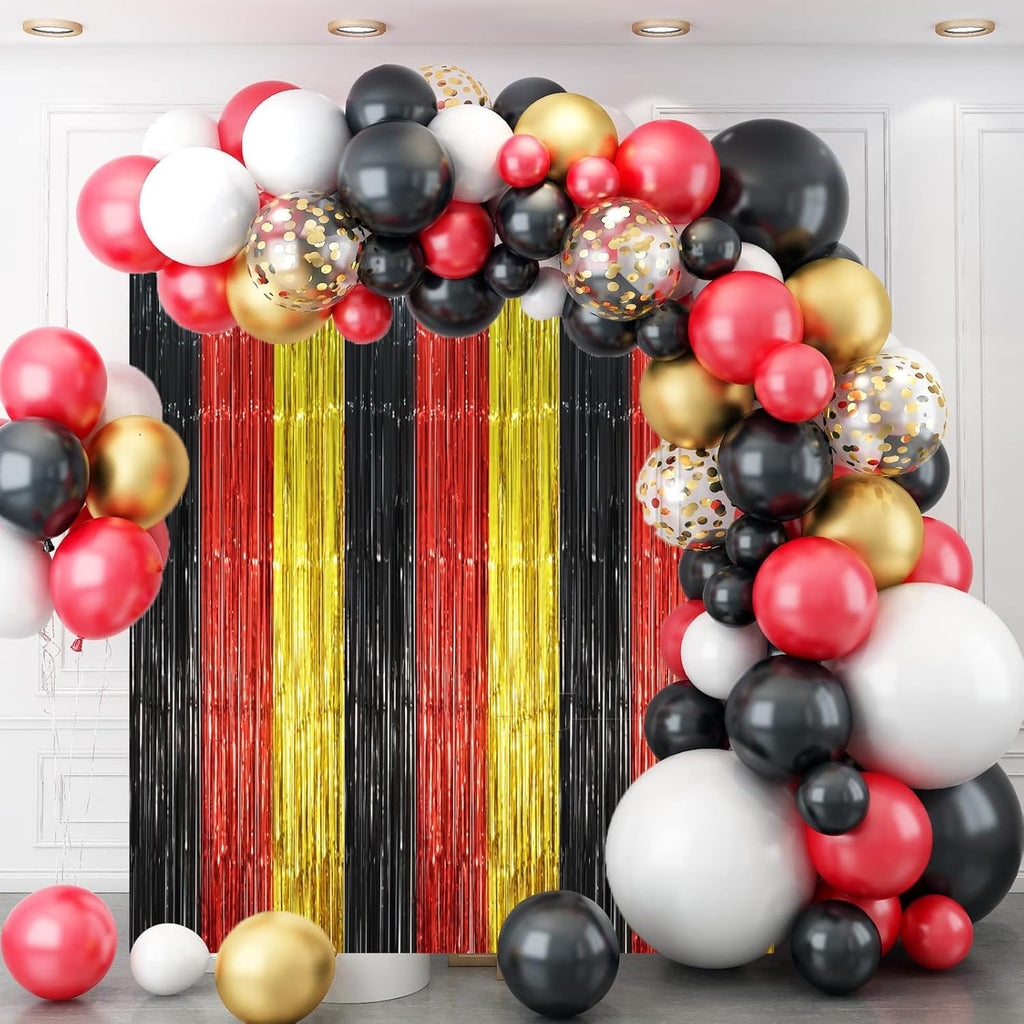 Voircoloria Red Black Gold Foil Fringe Backdrop Curtains - 3 Pack Tinsel Streamers for Parties | 3.3 x 8.2 ft