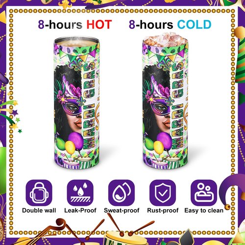 Suttmin 8 Pack 20oz Mardi Gras Tumblers Stainless Steel Tumblers with Lids and Straws, Cups Printed with Carnival Heroine, Iris, and Lips, Travel Mug Carnival Gifts for Women