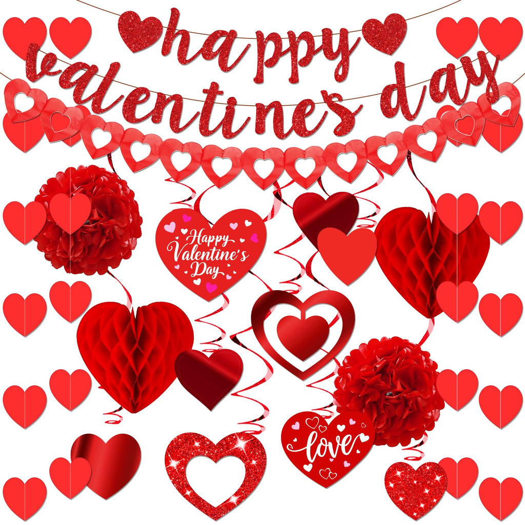 26Pcs Valentines Day Decorations Hanging Swirls Valentines Day Decorations Happy Valentine's Day Love Heart Garlands Banner Paper Honeycomb for Home Classroom Office Wedding Party Anniversary