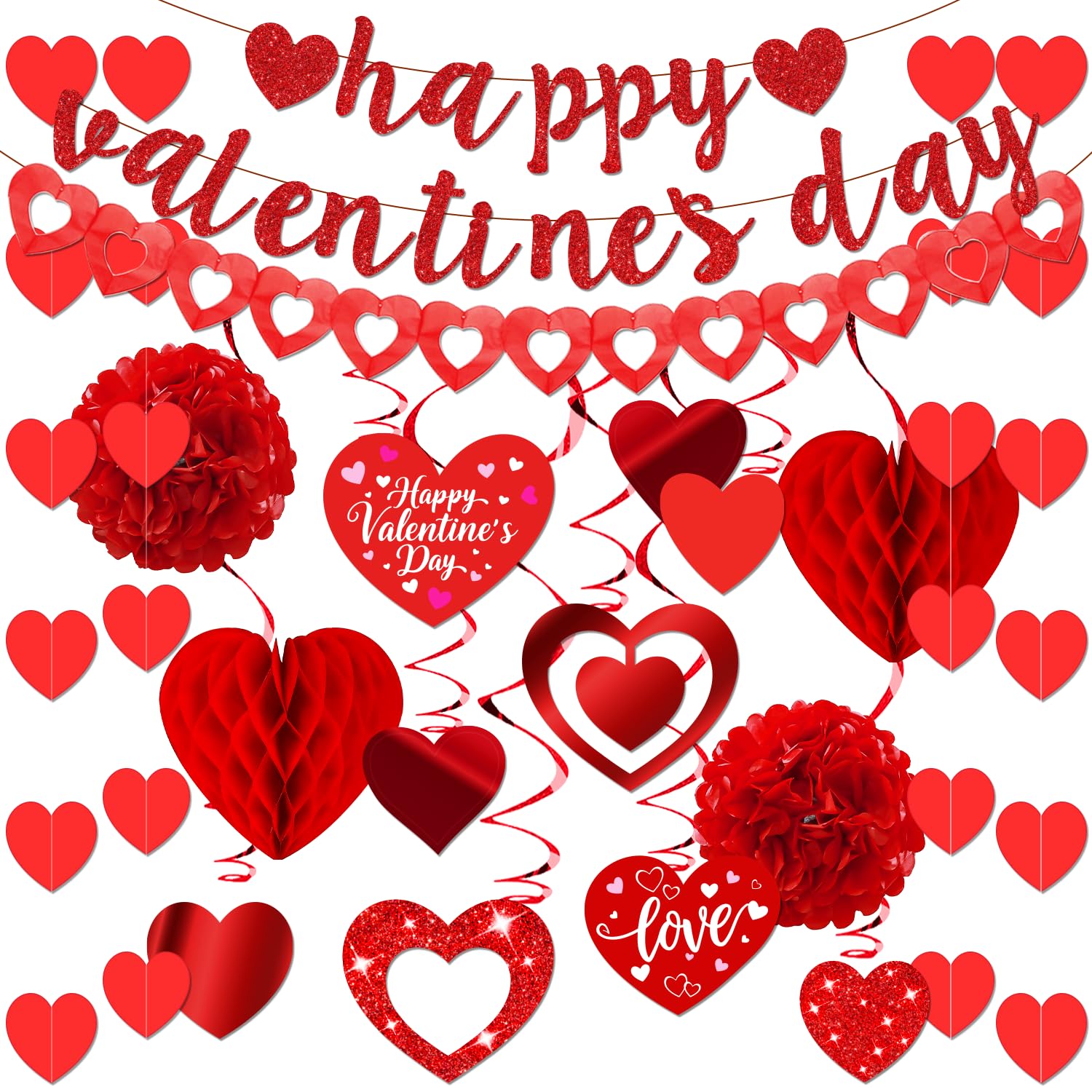 26Pcs Valentines Day Decorations Hanging Swirls Valentines Day Decorations Happy Valentine's Day Love Heart Garlands Banner Paper Honeycomb for Home Classroom Office Wedding Party Anniversary
