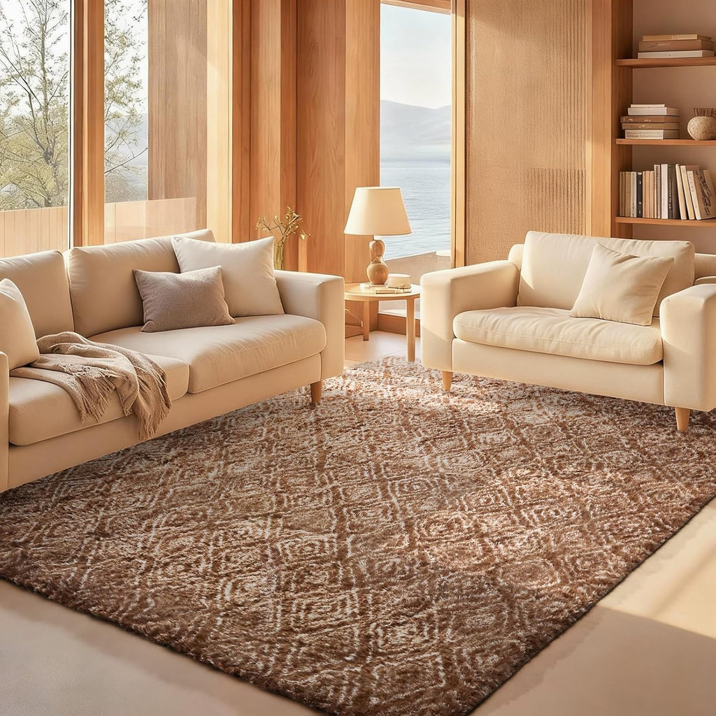 Ophanie Brown & White Diamond Striped Area Rug - Fluffy Shag Soft Carpet for Living Room | 6x9 Size