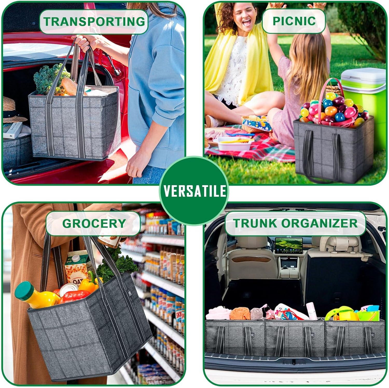 VENO Reusable Grocery Bags - Heavy-Duty Utility Tote with Handles & Hard Bottom | 3 Pack, Water Resistant, 6 Gallon