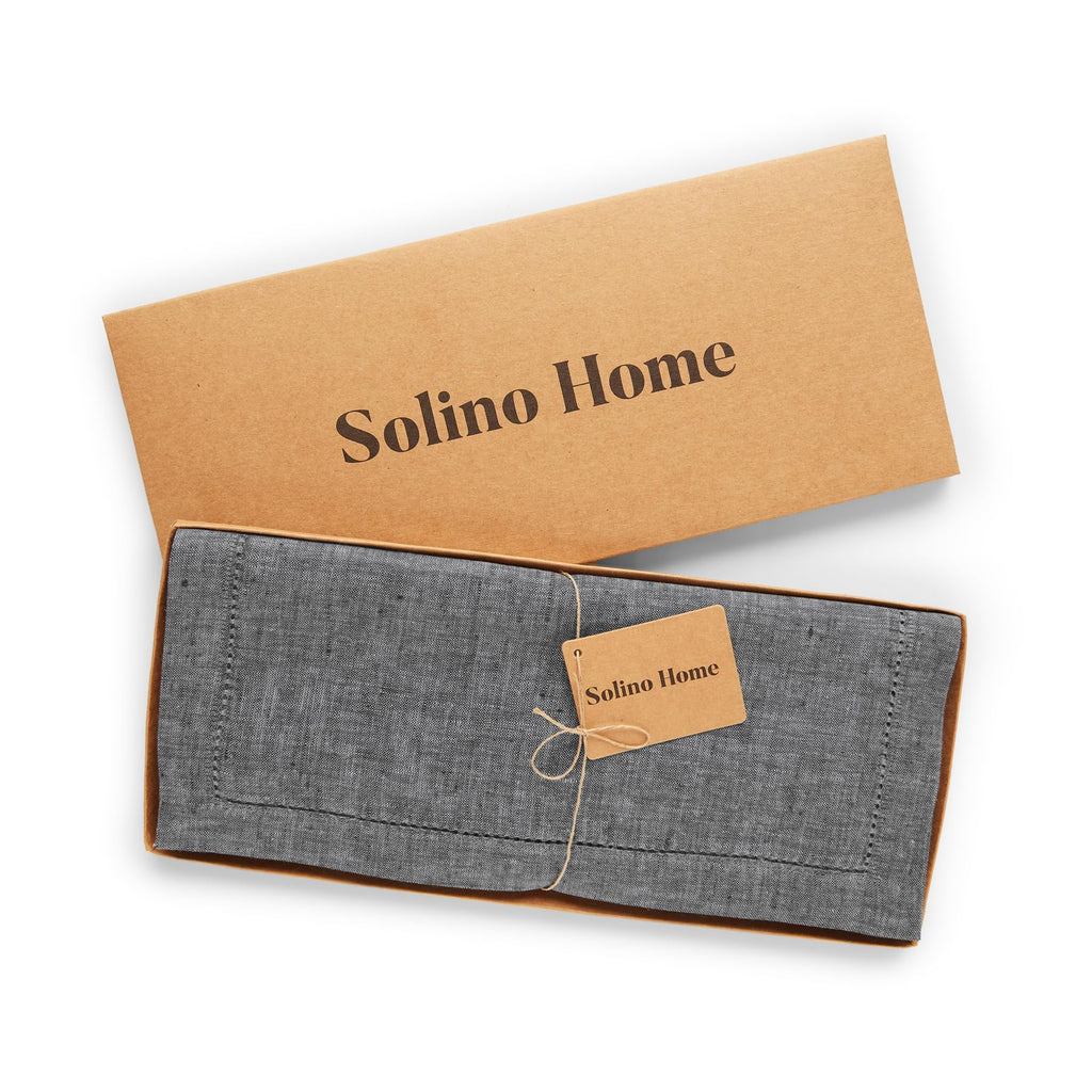 Solino Home Linen Table Runner 120 Inches Long - 100% Pure Linen Charcoal Grey Table Runner 14 x 120 Inch - Milan Hemstitch