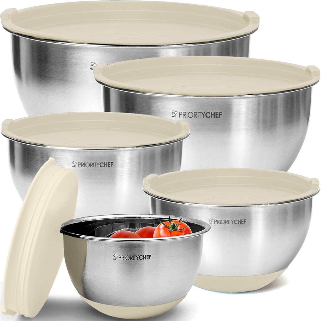 Priority Chef Premium Mixing Bowls Set - Airtight Lids, Non-Slip Base | 5 Nesting Stainless Steel Bowls (1.5-5 Qt) in Khaki