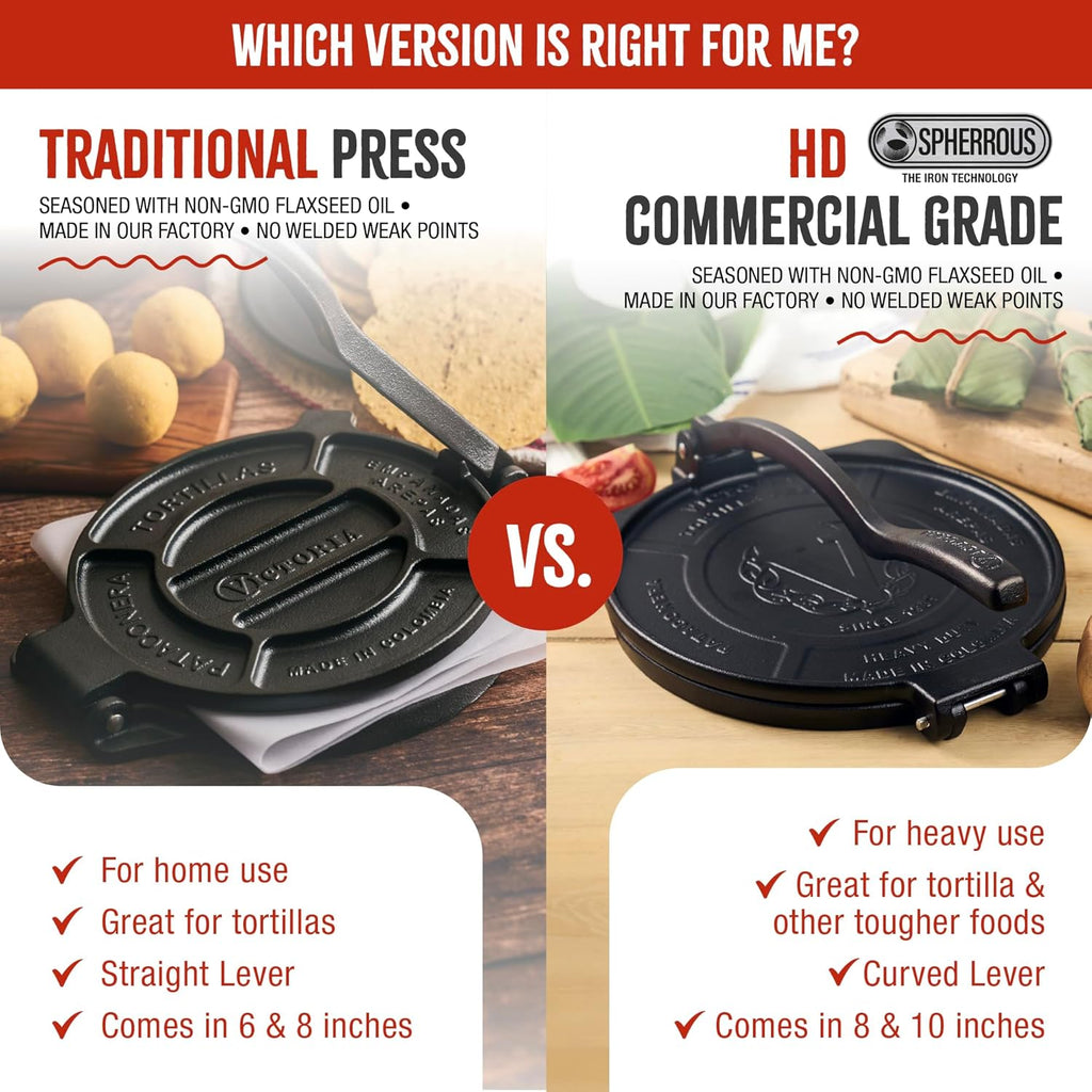 Victoria Cast Iron Tortilla Press - 8 Inch Roti Maker Seasoned with Flaxseed Oil | Traditional Black Design