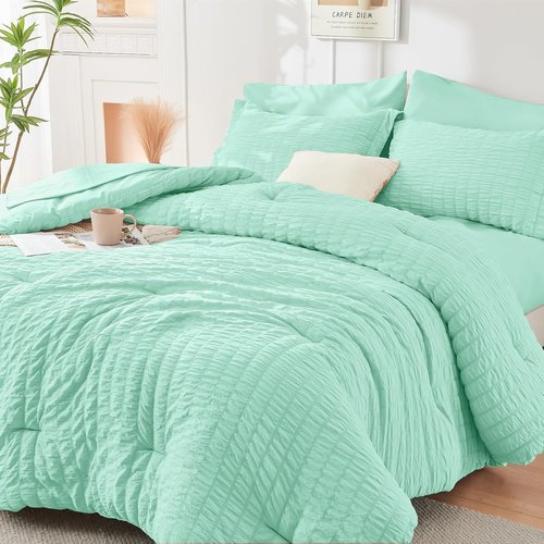 HYMOKEGE Twin Comforter Set - Mint Green Seersucker 5-Piece Luxury Bedding Set for All Seasons