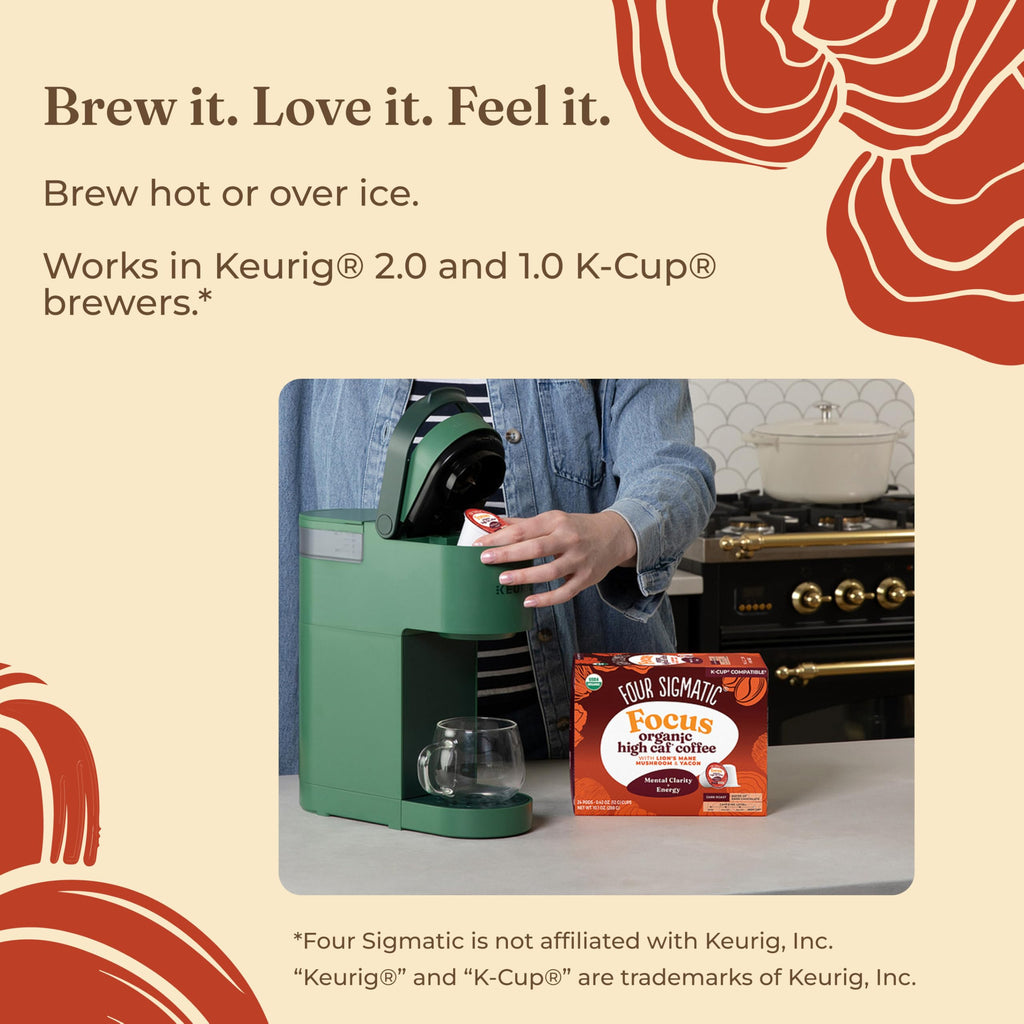 Four Sigmatic High Caffeine Mushroom Coffee K-Cups | Organic Dark Roast Coffee with Lion’s Mane & Yacon | Focus & Immune Support | Vegan & Keto | Sustainable Pods | 48 Count