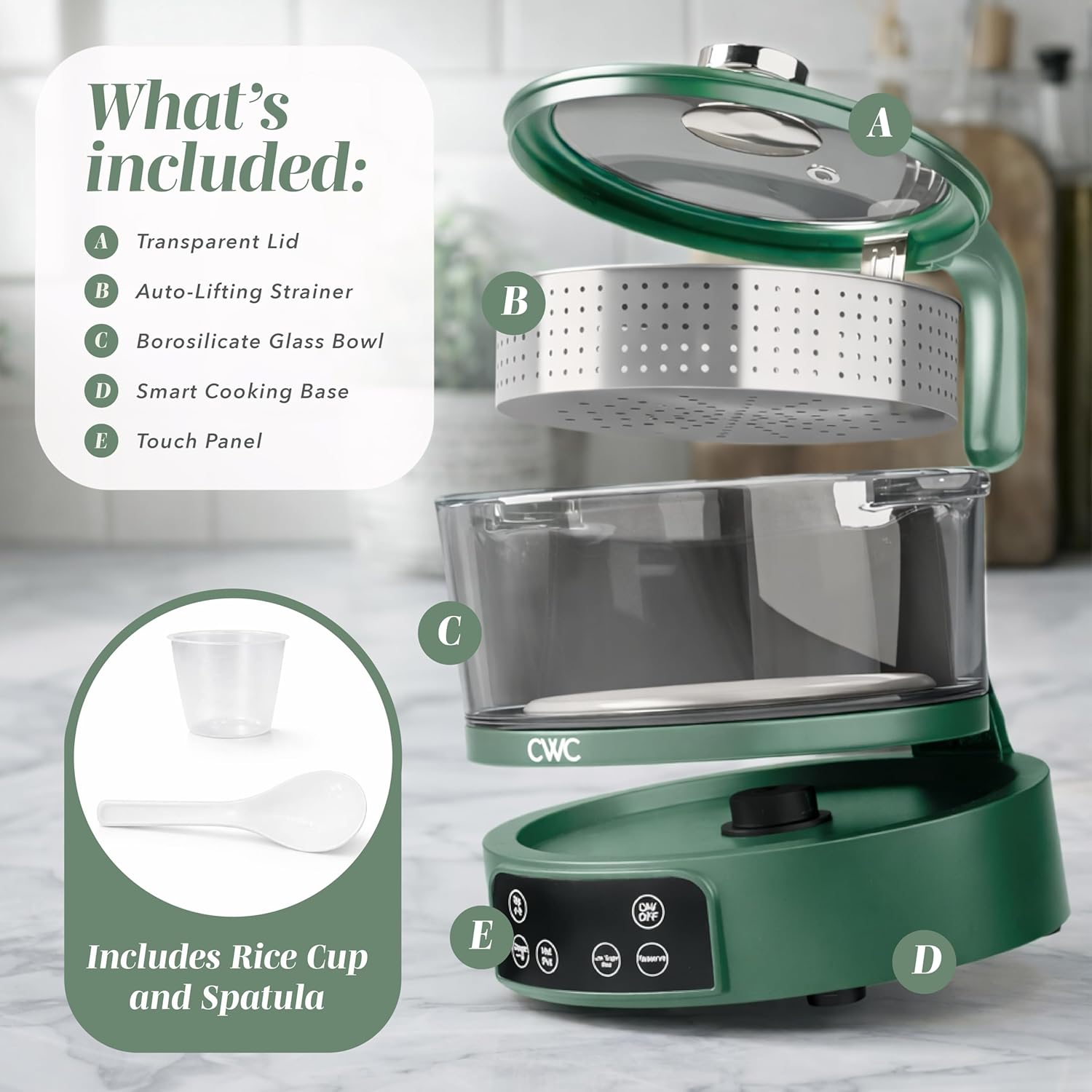 Cook With Color 3L Glass Mini Low Carb Rice Cooker - Auto Lift Filter Basket & Steamer, Dark Sage