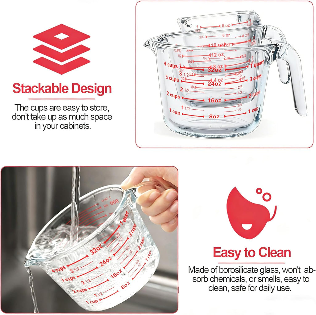 MCIRCO Glass Measuring Cups Set - 6 Pcs with Lids | 1-Cup, 2-Cup, 4-Cup Nesting Jugs for Kitchen Use
