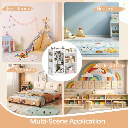 YATINEY Kids Bookshelf and Toy Storage Organizer, 3 Tier Bookcase for Kids Rooms, Book Shelf with Stuffed Animal Storage, Side Oxford Fabric Pockets, for Playroom, Nursery, Bedroom, White CW02WT