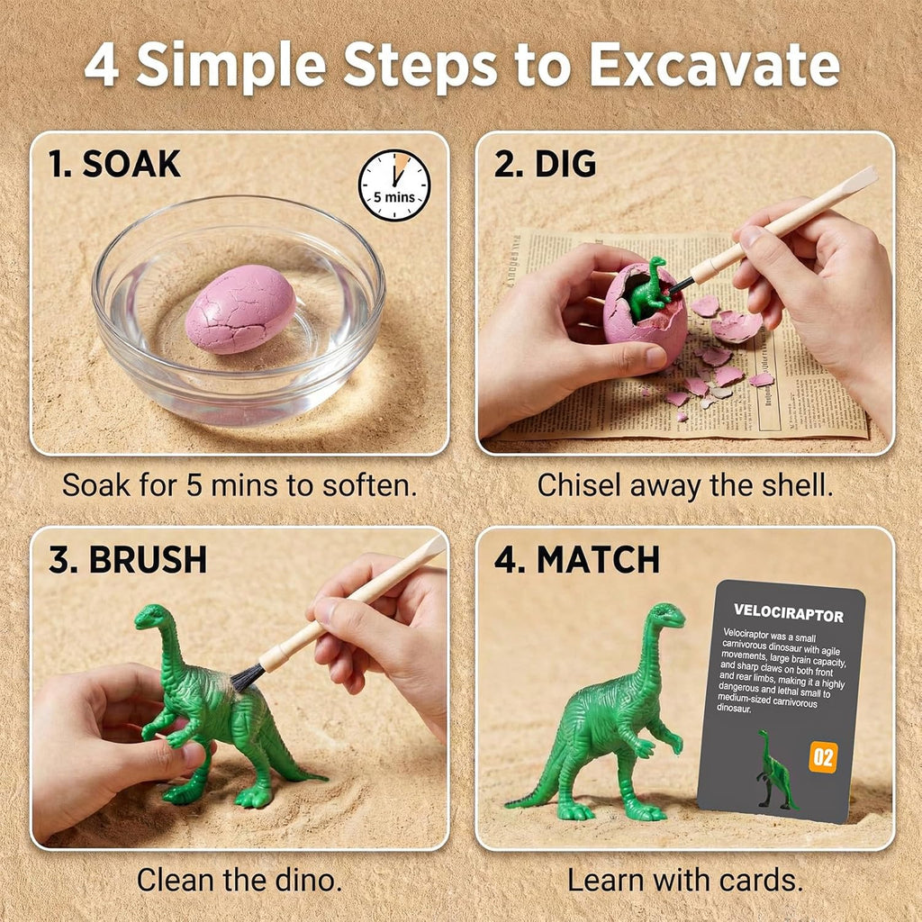 Skiennix Dinosaur Eggs Excavation Kit - 24 Colorful STEM Science Toys with Learning Cards for Kids Age 3+ | Perfect for Easter Baskets and Birthday Parties