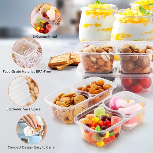 WEST STORY 20 Set Snack Containers with Lids & Spoons, Reusable Double Compartment Condiment Containers for Lunches Picnics Parties, BPA-Free, Microwave Safe, Transparent