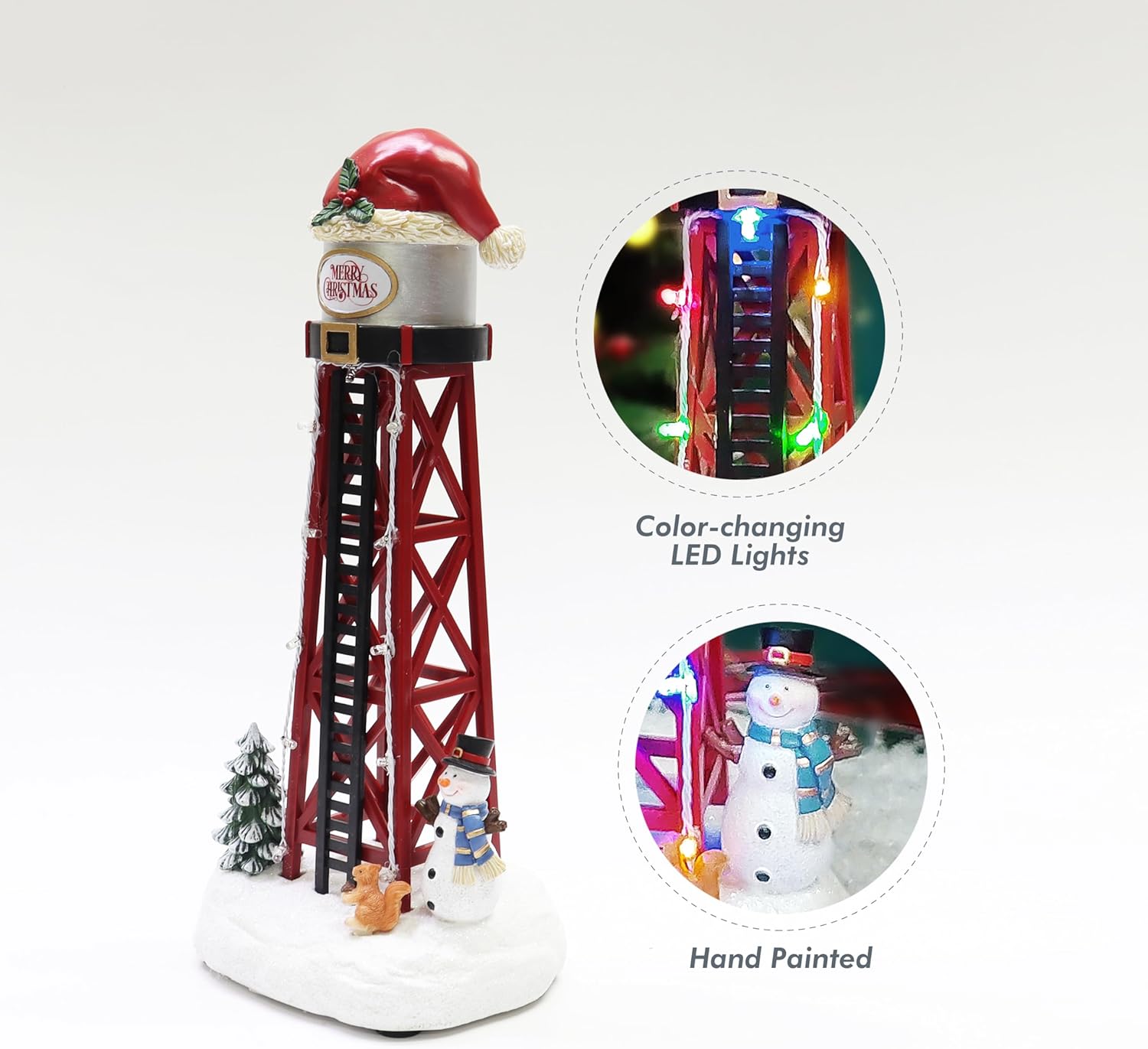 Moments In Time Water Tower Christmas Village - 12” LED Holiday Decoration with Santa Hat & Snowman