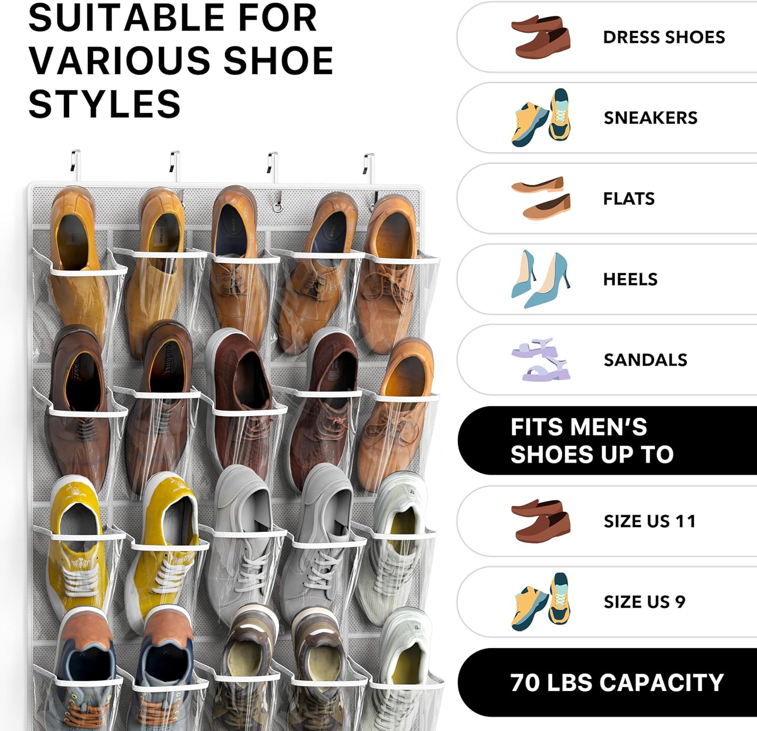 Simple Houseware Over The Door Shoe Organizer - 40 Large Clear Pockets, Gray (75.4'' x 27.25'')