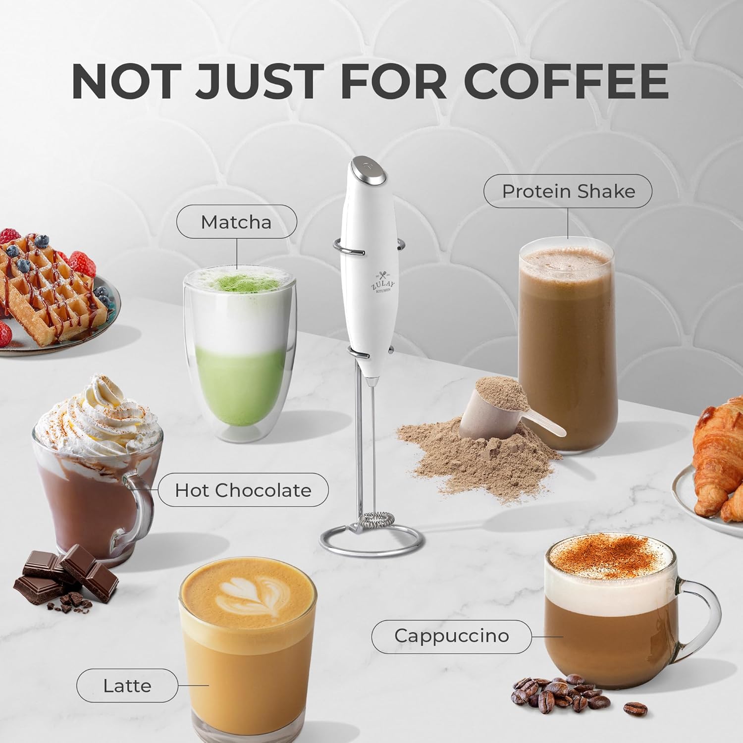 Zulay Kitchen Milk Frother Wand - Ultra-Fast Handheld Mixer with 4 AA Batteries - Blizzard White for Coffee & Lattes