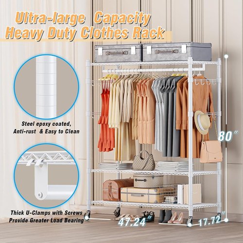 Homdox 3-Tier Garment Rack - Portable Heavy-Duty Closet Organizer with Wheels & Double Hanger Rods | White