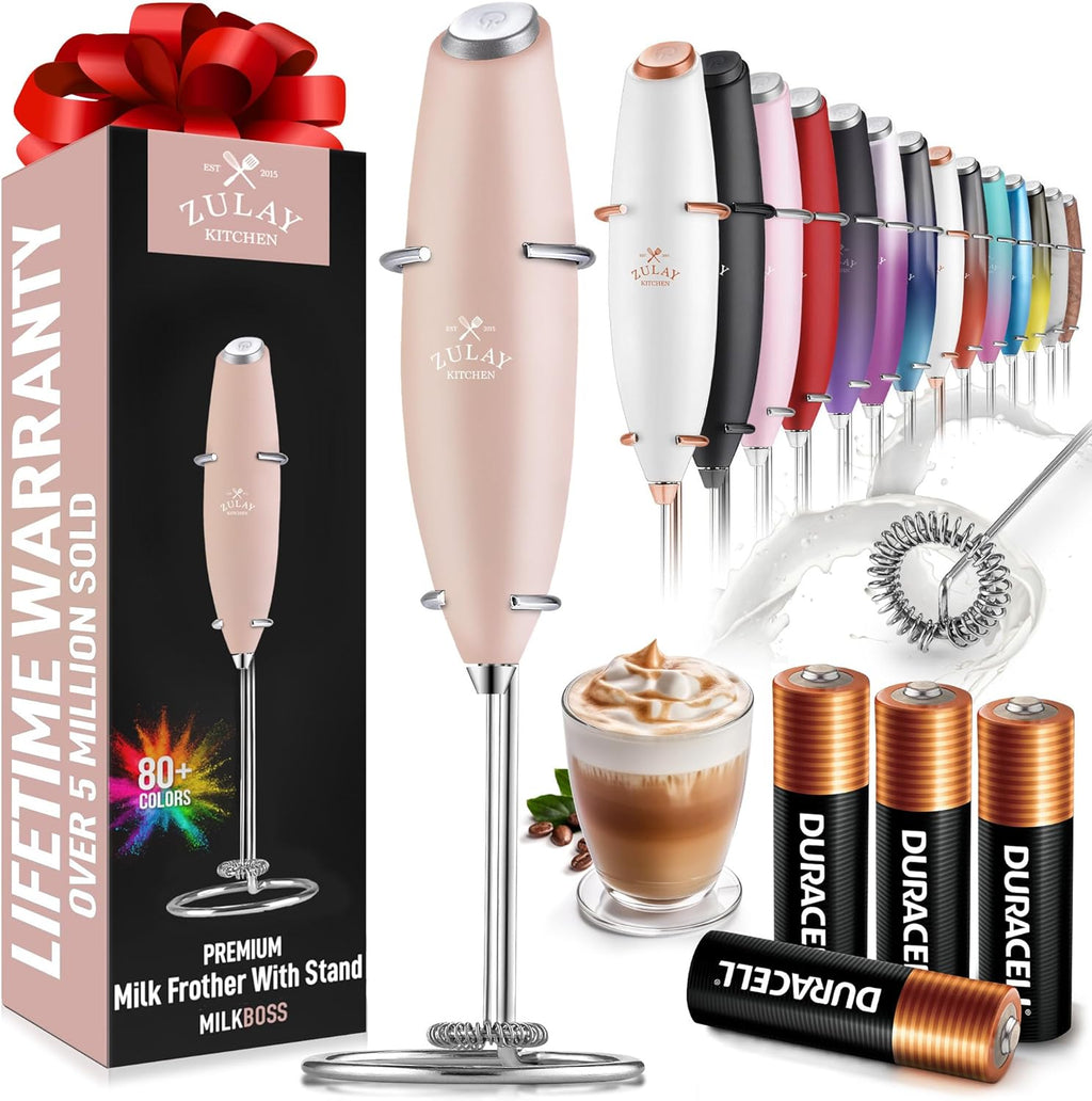 Zulay Kitchen Milk Frother Wand - Ultra-Fast Handheld Drink Mixer with 4 AA Batteries - Pink Salt