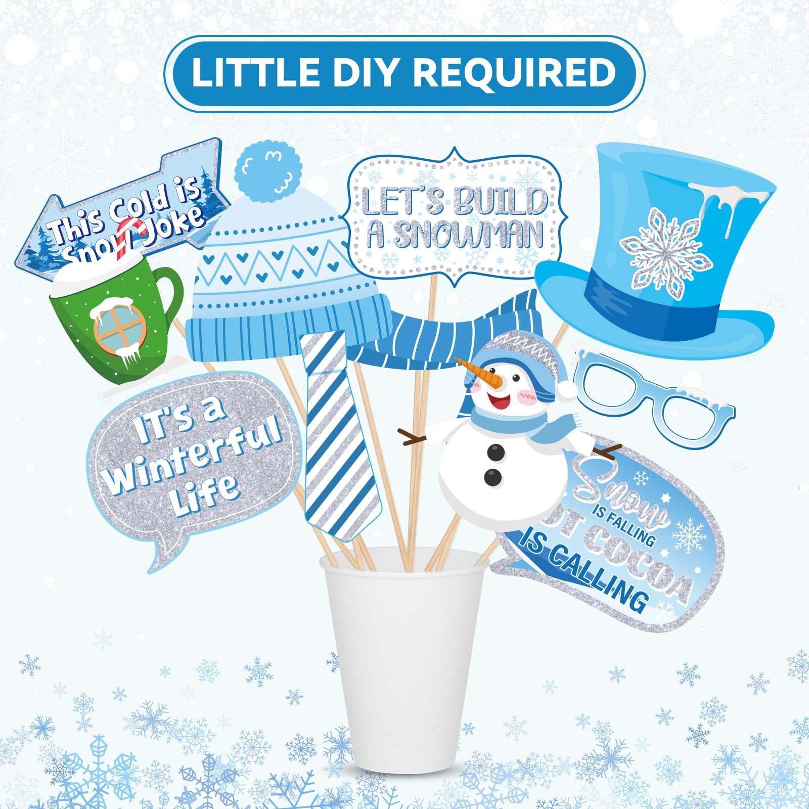 Glitter Winter Photo Booth Props Set,32pcs Winter Wonderland Decorations,Fun Snowman Snowflake Selfie Props Signs,Christmas Photo Backdrop Table Decorations for Holiday Birthday Party Favors Supplies