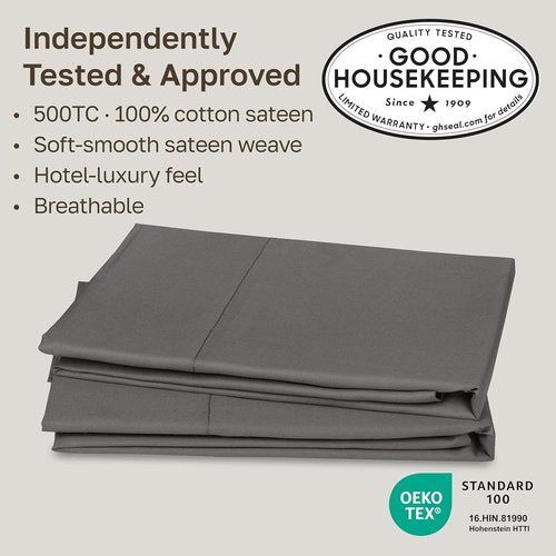 California Design Den King Pillow Cases - Soft & Silky 500 Thread Count 100% Cotton Sateen, Dark Gray | Set of 2