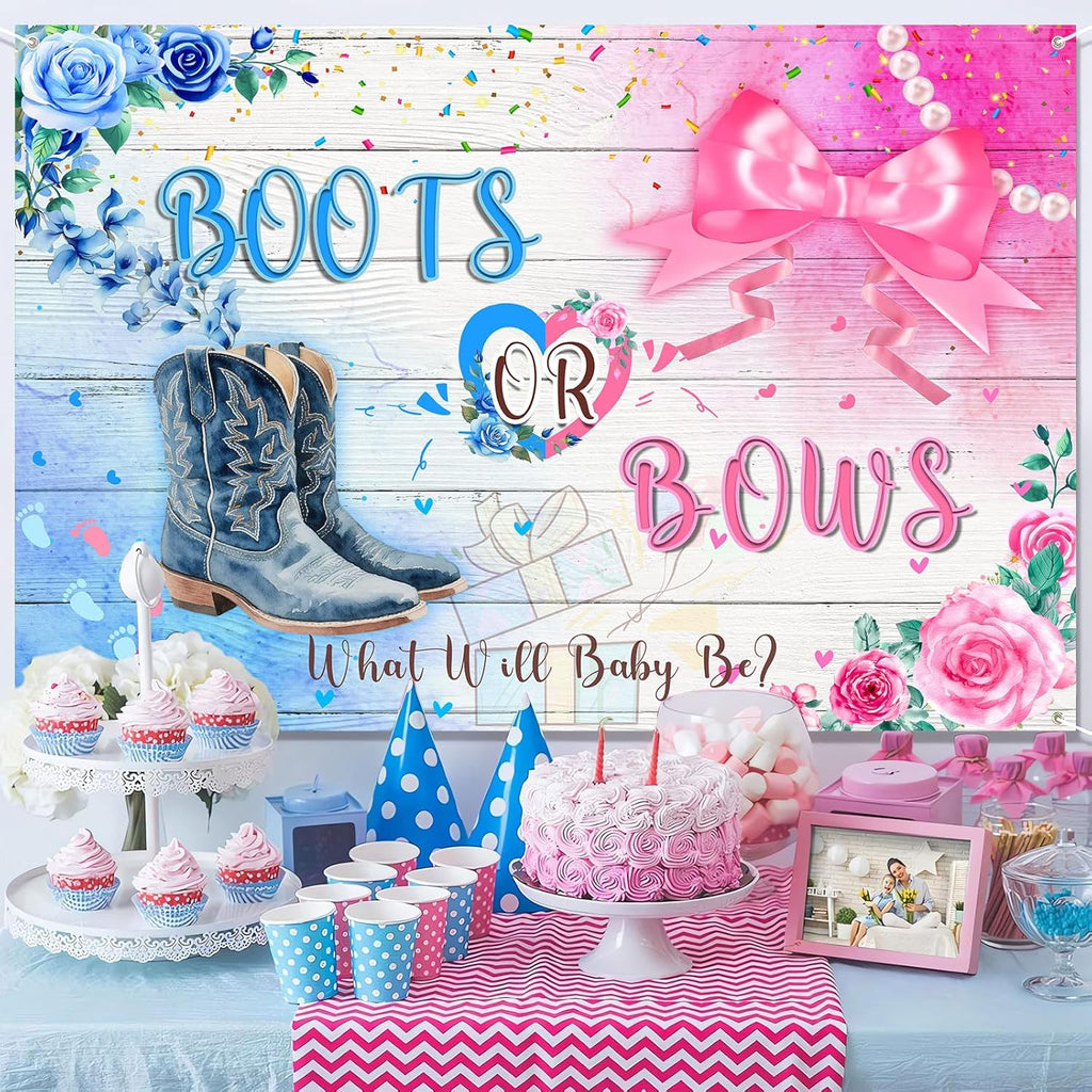 Skiennix Cowboy Boots & Bows Gender Reveal Backdrop - Rustic Wood Design | 7x5ft Photo Booth Banner