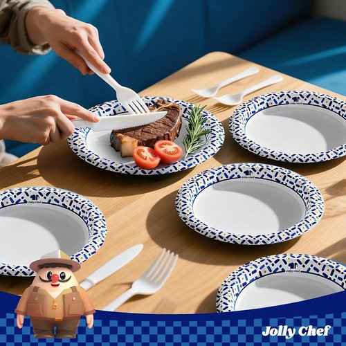 JOLLY CHEF 10-Inch Heavy Duty Paper Plates - 140 Count, Soak-Proof & Cut-Proof for Parties & Picnics