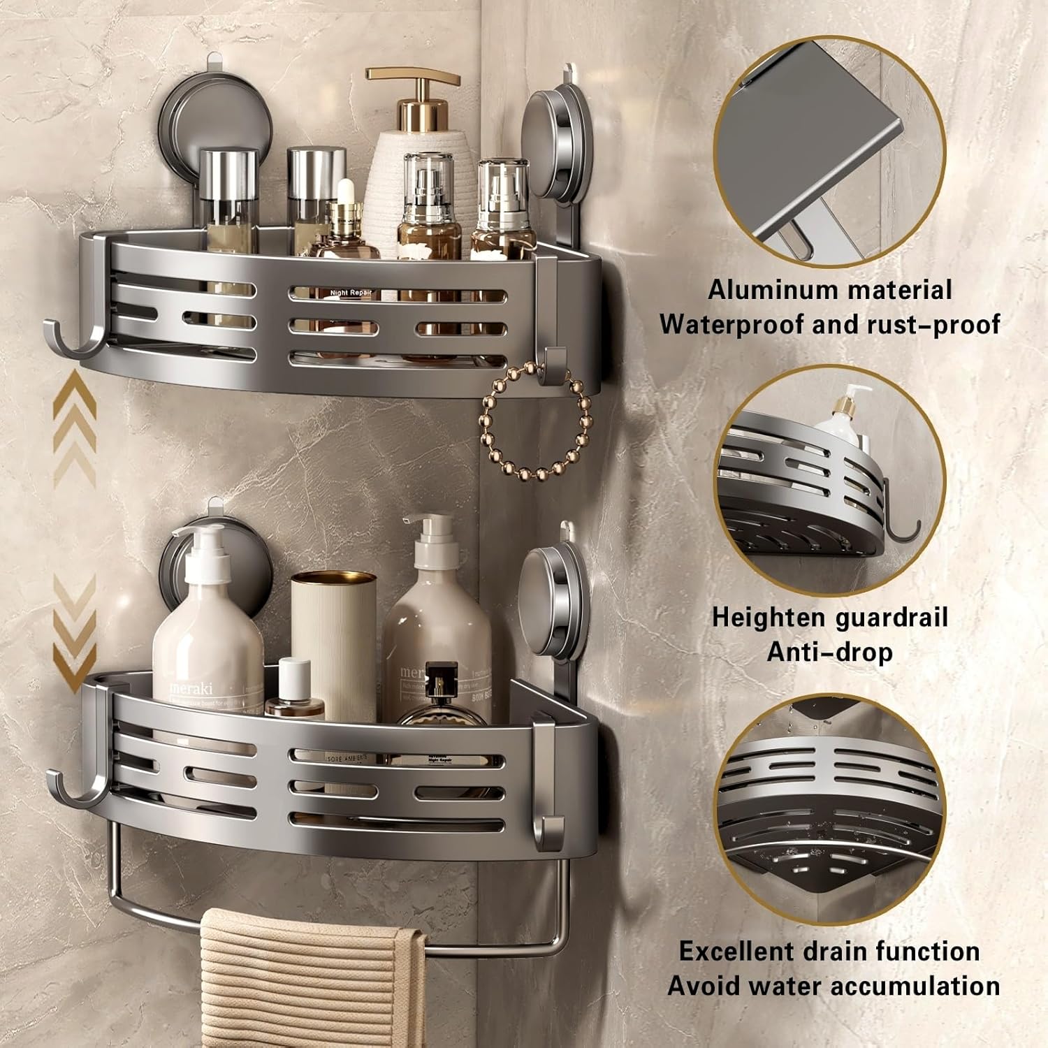 VOLPONE Corner Shower Caddy - No-Drill Suction Cup Organizer with Towel Bar Hooks | 2-Pack, Matte Gray