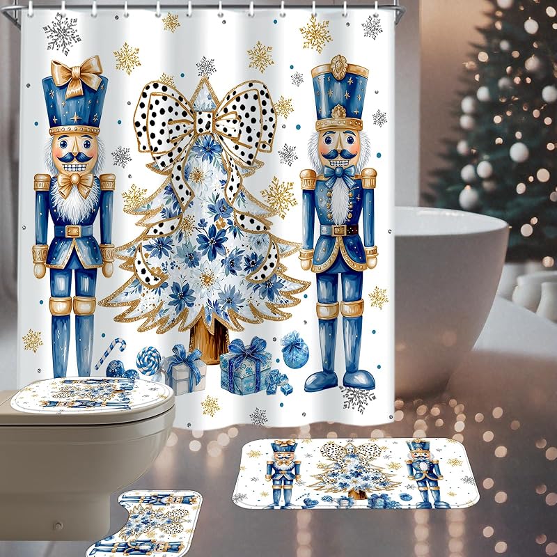 Nutcracker Christmas Shower Curtain Set 4 Pcs with Non-Slip Rugs & Lid Cover - Blue & Gold Snowflake Design (Variation: Blue Nutcracker+72W x 72L)