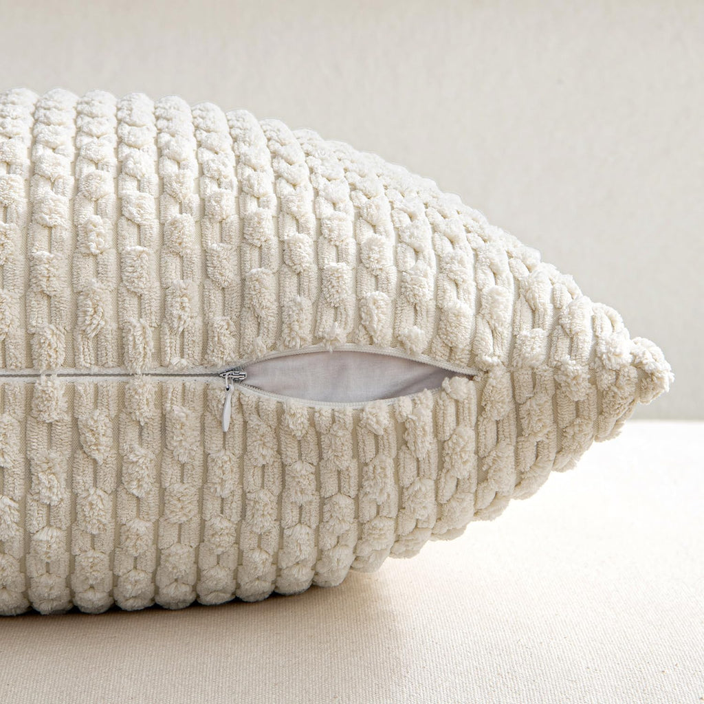 MIULEE Decorative Throw Pillow Covers - Soft Boho Striped Textured Corduroy | 18x18 Inch, Cream White