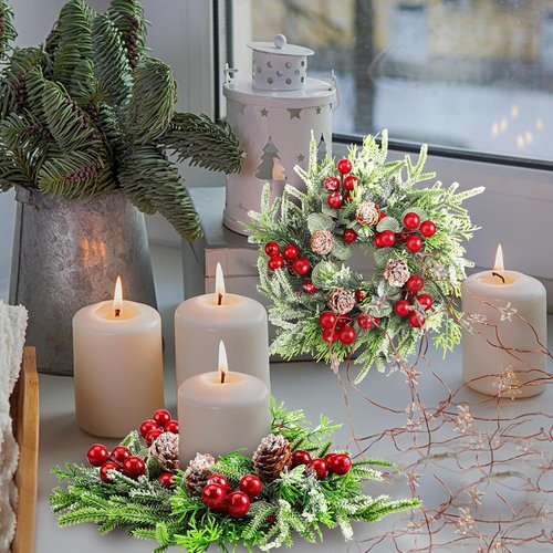 Lyrow Christmas Candle Rings - 4 Pcs Mini Wreaths with Artificial Berries & Snowy Pine | Holiday Decor