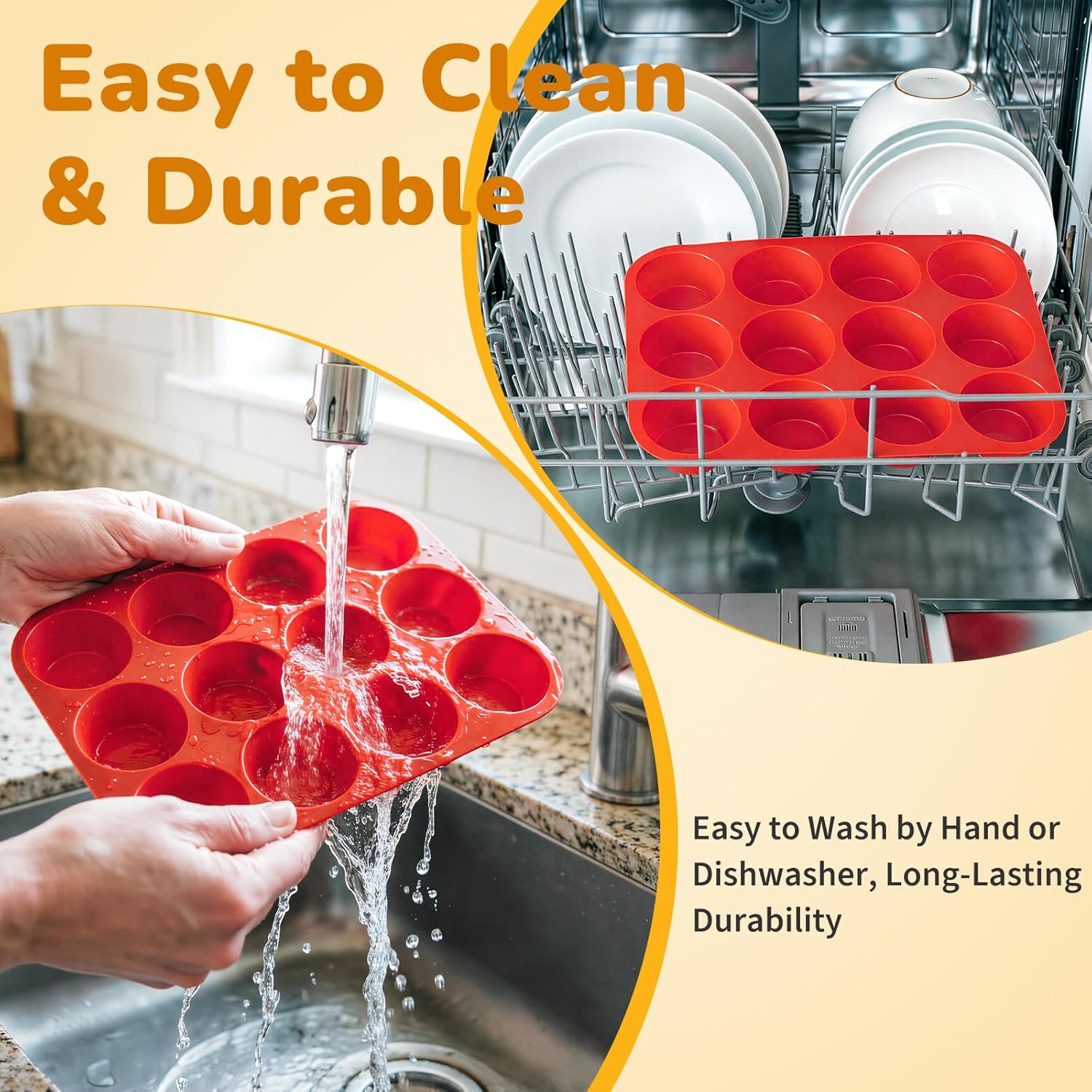 Skiennix Silicone Cupcake Pan - Nonstick 12-Cup Baking Mold | Durable, Flexible & Easy to Clean - Red