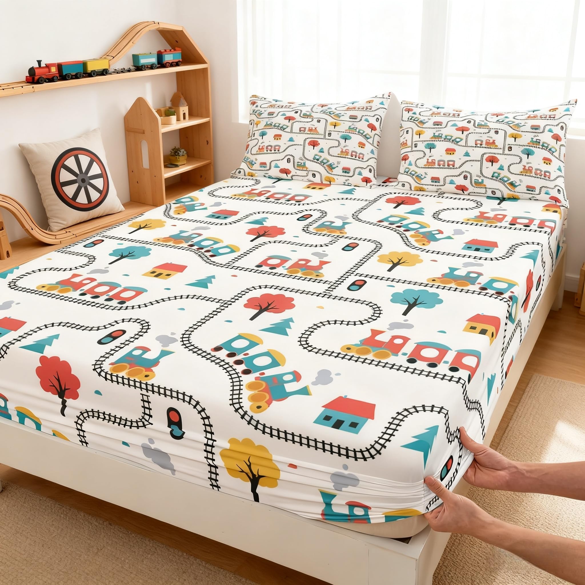 Manfei Cartoon Train Kids Fitted Sheet Twin Size,Cute Choochoo Vehicles Bedding Set,Boys Girls Adults Room Decor,Cartoon Trees City Road Transport Bed Cover,Colorful Chic Bed Sheet,1 Pillowcase