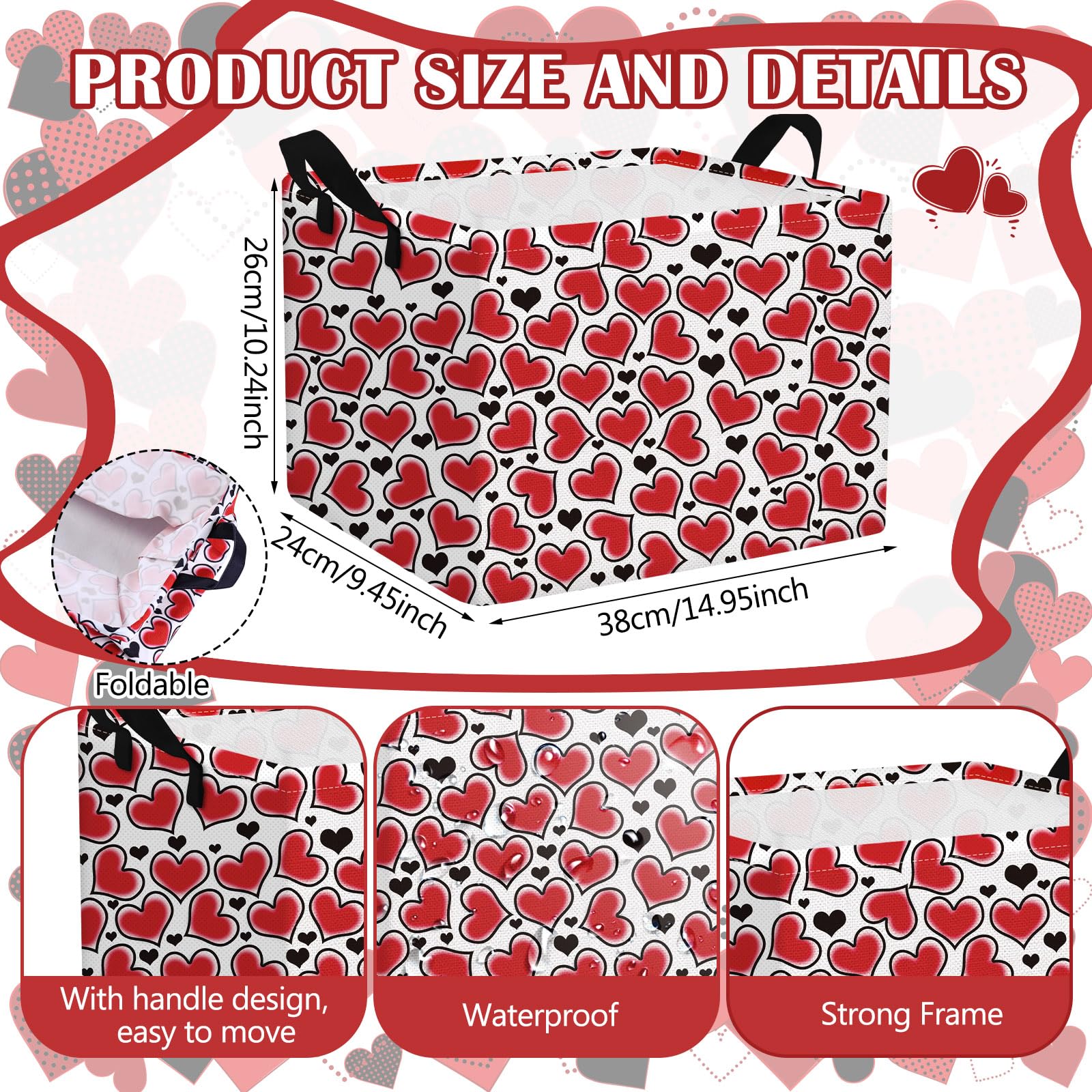 Youyole 6 Pcs Galentine's Day Gifts Basket Set Valentine's Day Storage Bins Red Heart Empty Gifts Basket Organizer with Love Pattern Valentine Decorative Container Box with Handle for Closet Shelf