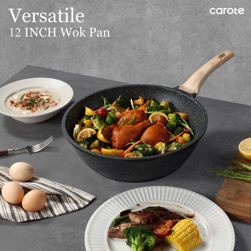 CAROTE Non Stick Wok with Lid 12''/5.3QT Woks & Stir-fry Pans Nonstick Granite Wok Pan Induction Cookware Deep Frying Pan, Compatible with All Stovetops