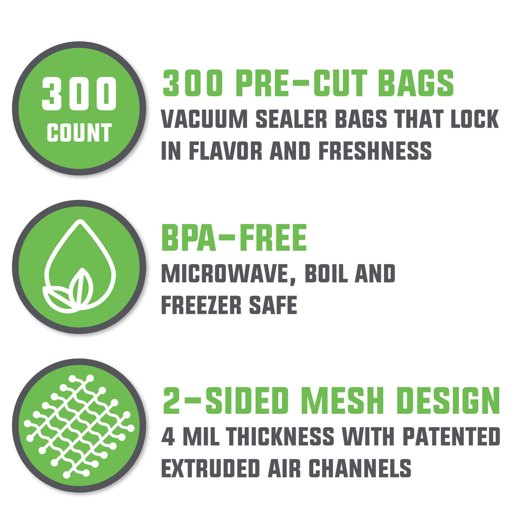 Chefwurx Pre-Cut Vacuum Sealer Bags – 300 Pint Bags for Food Saver – BPA-Free Vacuum Seal Bags, Microwave, Freezer and Boil Safe, Compatible with Most Vacuum Seal Machines (8” x 12”)