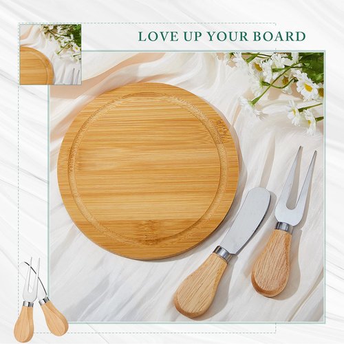 Maxcheck 12 Sets Baby Shower Bridal Game Prizes for Winners Round Cheese Board Set Wood Mini Charcuterie Board with Knives and Forks Thank You Card with Gift Box for Guests Wedding (Bamboo)