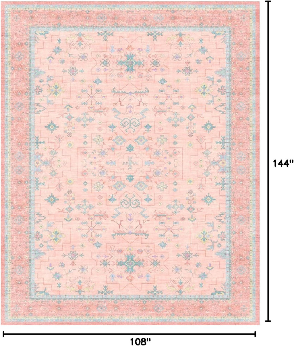 Oushak Rugs | Washable Pink & Blue 9x12 Area Rug for Living Room & Bedroom | Soft, Non-Slip, Floral Design
