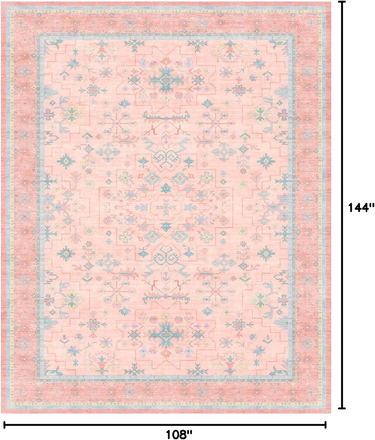Oushak Rugs | Washable 9x12 Pink and Blue Living Room Rug - Soft Faux Wool, Non-Slip, Modern Floral Design